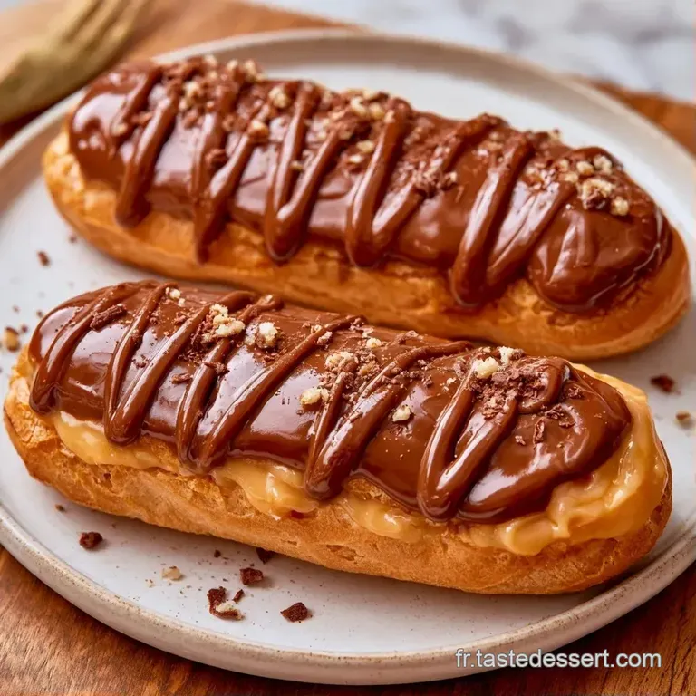 P&acirc;tisserie allong&eacute;e au gla&ccedil;age brun miroir pos&eacute;e sur une assiette blanche minimaliste avec un grain de caf&eacute; noir.