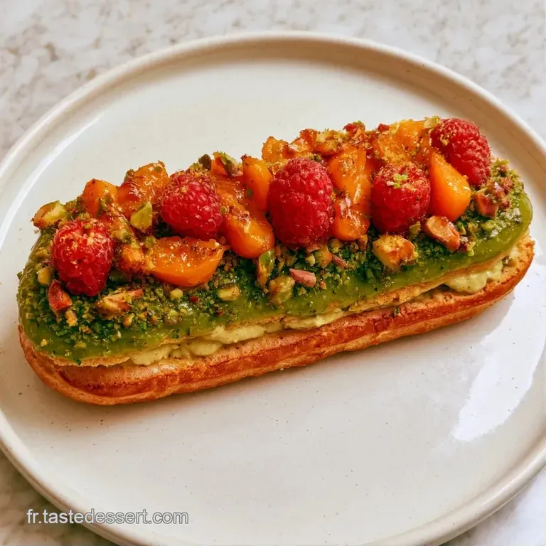 P&acirc;tisserie allong&eacute;e sur une assiette blanche, d&eacute;cor&eacute;e de coulis orange vif et d'une framboise rouge juteuse et brillante.