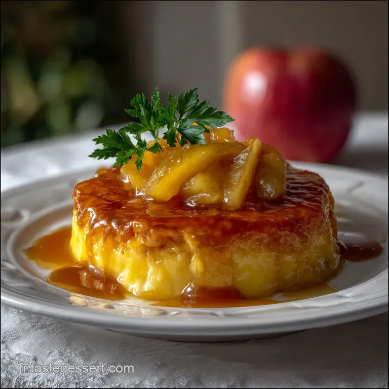 Caramel-glazed apple flan with a golden, crisp crust, contrasting with a creamy custard filling and delicate pastry.