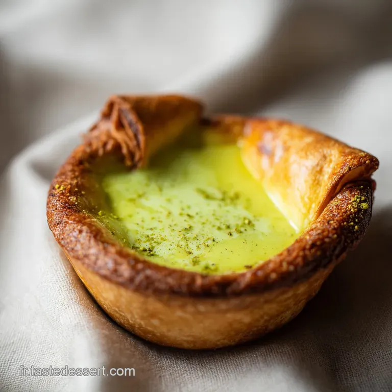 Tranche de cr&egrave;me onctueuse vert tendre sur assiette blanche, avec un coulis ambr&eacute; coulant et des &eacute;clats croquants.