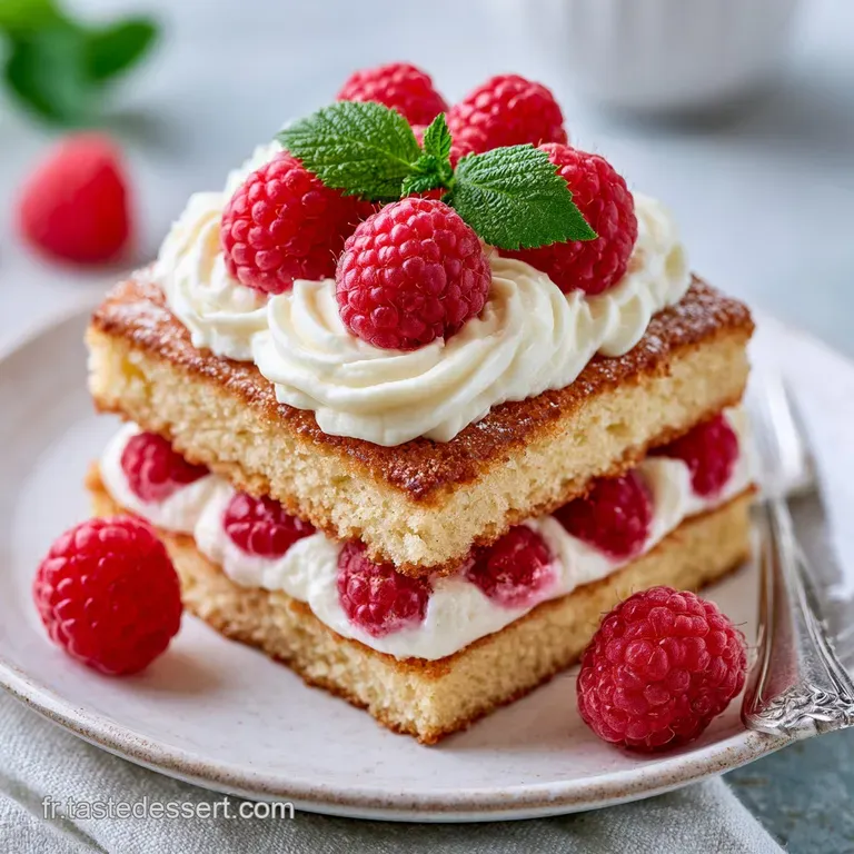 Une part triangulaire pos&eacute;e sur une assiette blanche, entour&eacute;e de baies rouges fra&icirc;ches et d'une feuille de menthe verte.