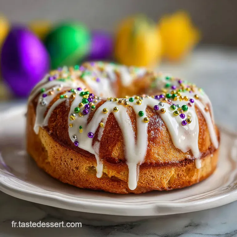 Slice of golden-brown galette des rois on a white plate, light dusting of powdered sugar. The almond frangipane filling pe...
