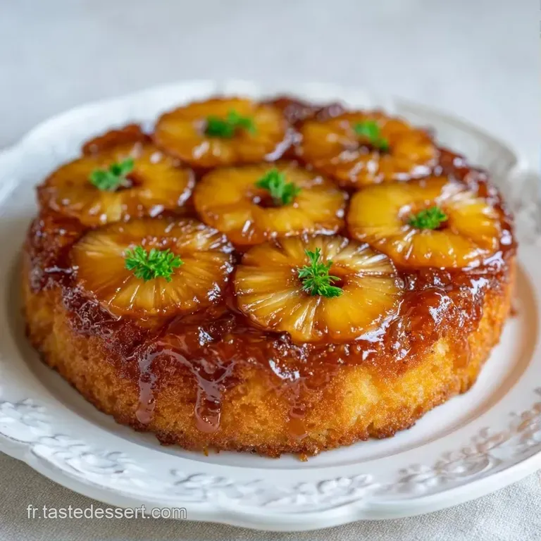 Une part de g&acirc;teau moelleux sur une assiette blanche, surmont&eacute;e d'un fruit caram&eacute;lis&eacute; et d'un filet de sirop dor&eacute;.