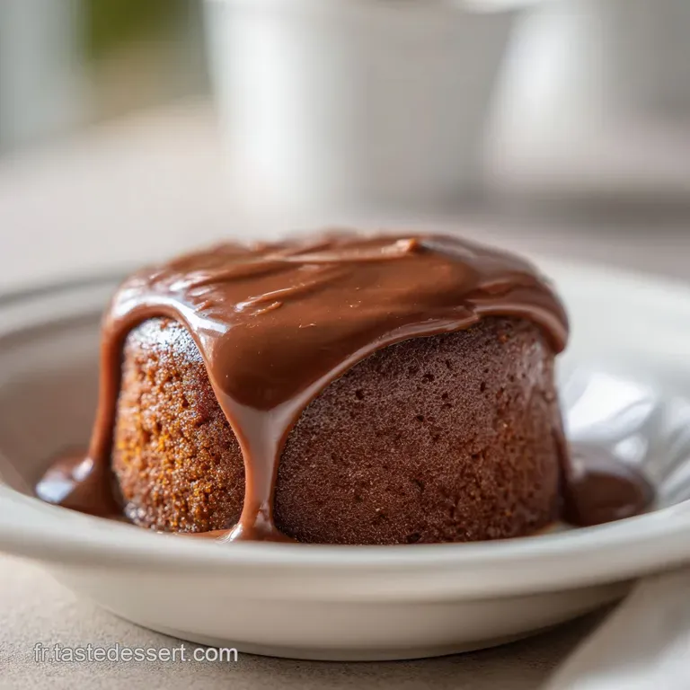 A slice of fluffy chocolate cake, drizzled with warm Nutella, resting on a white plate.