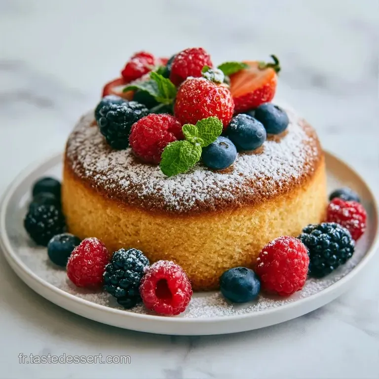 Part de g&acirc;teau moelleuse sur assiette blanche, surmont&eacute;e de tranches de kiwi vert et p&ecirc;che juteuse avec menthe fra&icirc;che.