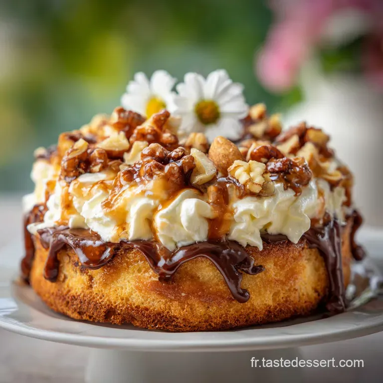 Slice of moist walnut cake on a white plate, drizzled with caramel, beside a dollop of cr&egrave;me fra&icirc;che and fresh walnuts.