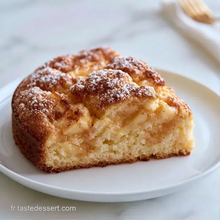 Une part fondante sur assiette blanche, saupoudr&eacute;e de sucre glace avec des morceaux de pommes caram&eacute;lis&eacute;es.
