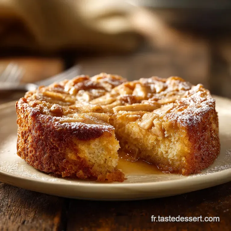 Slice of tender apple cake, airy and golden brown, resting on a white plate with a dusting of powdered sugar.