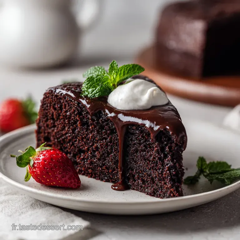 Slice of rich chocolate cake on a white plate, adorned with fresh raspberries and a dusting of cocoa powder. Looks incredi...