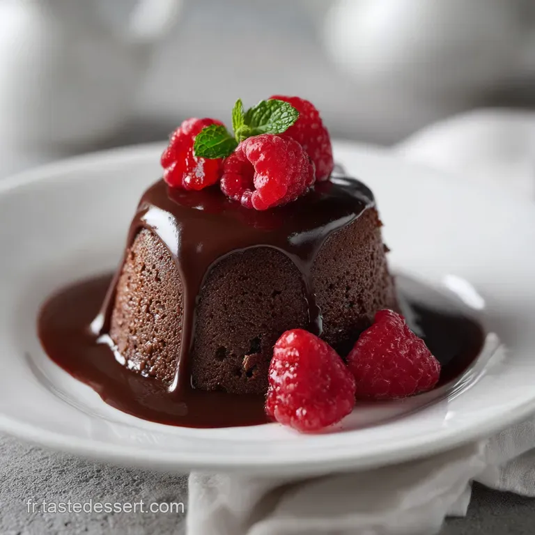 Elegant dessert plate featuring a slice of dark chocolate cake. A vibrant raspberry sauce accents the rich, decadent choco...