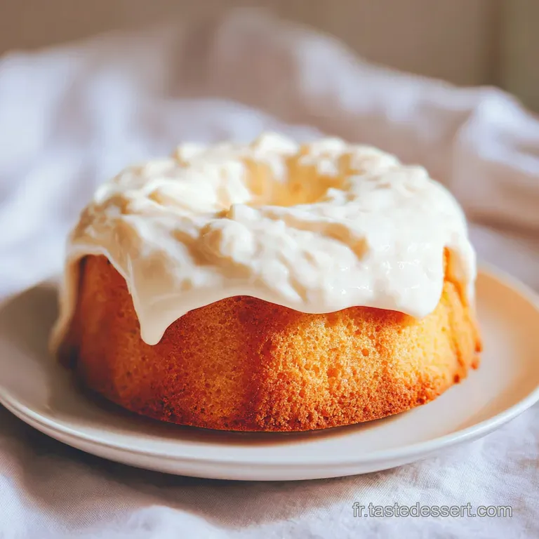 Elegant slice of pale yellow vanilla cake on a white plate, drizzled with sauce and garnished with fresh, vibrant berries.