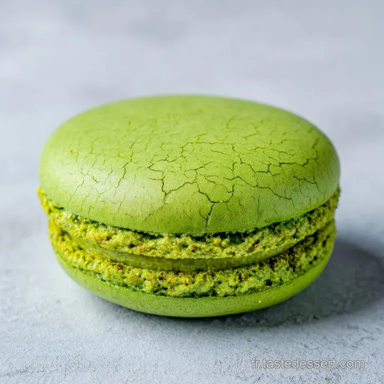 Part de g&acirc;teau vert tendre pos&eacute;e sur une assiette blanche, accompagn&eacute;e d'un coulis blanc et de fruits frais.