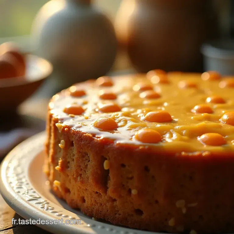 G&acirc;teau Moelleux Aux Amandes Gla&ccedil;age Cr&egrave;meux &Agrave; Lorange Son Coulis Ensoleill&eacute; presentation