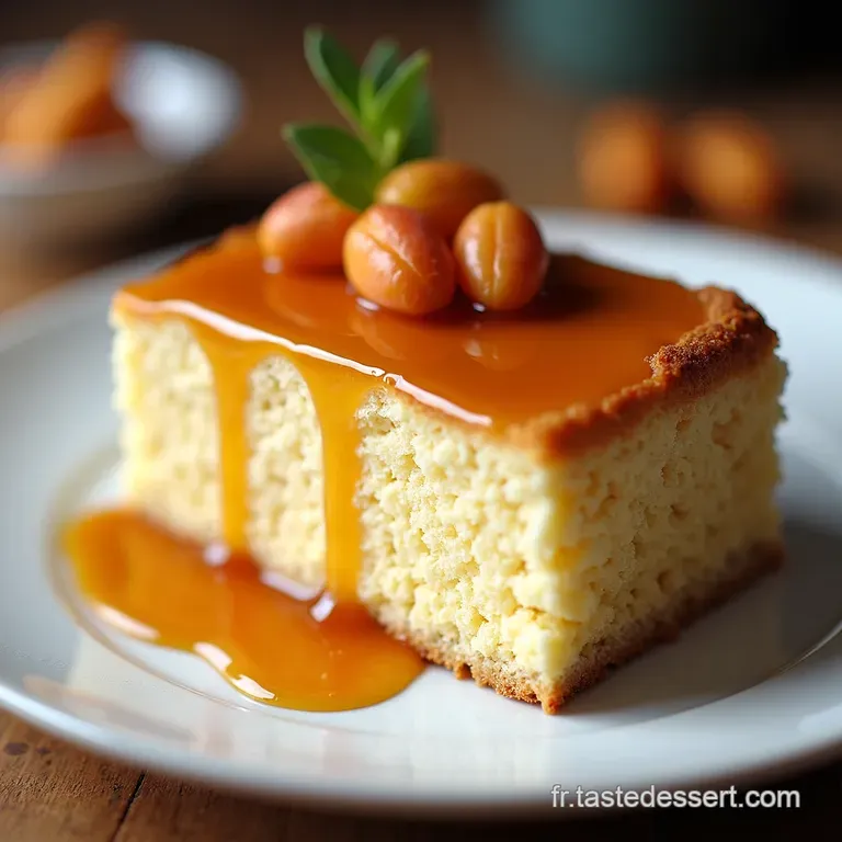 G&acirc;teau Moelleux aux Amandes Gla&ccedil;age Cr&egrave;meux &agrave; lOrange Son Coulis Ensoleill&eacute;