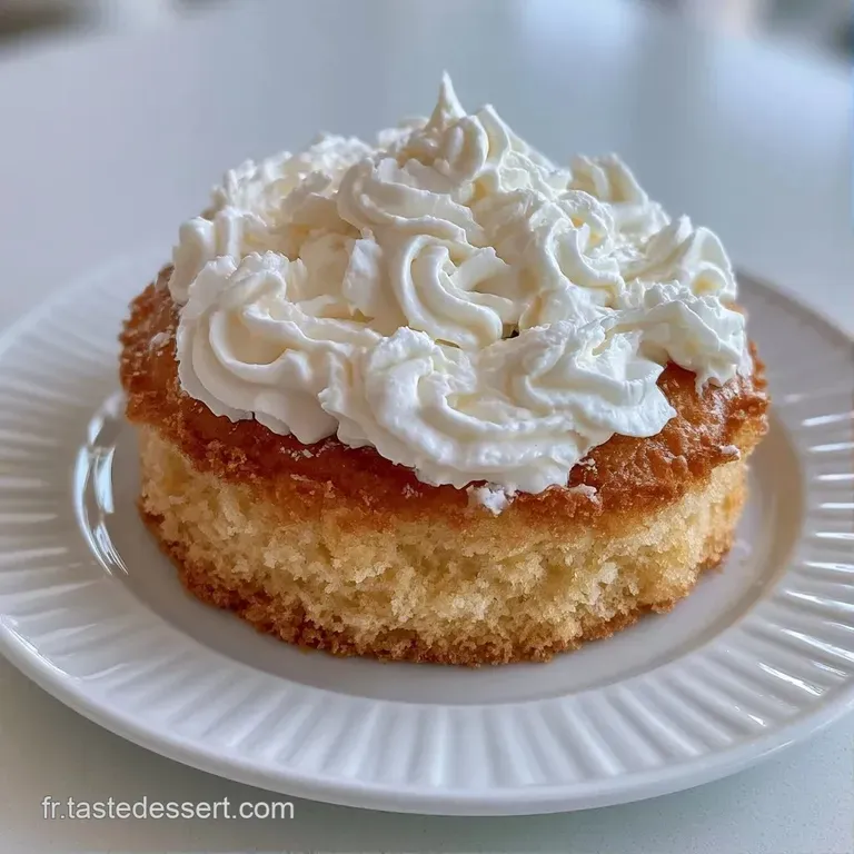 Une part de g&acirc;teau &agrave; la mie tendre et dor&eacute;e pos&eacute;e sur porcelaine, avec une touche de cr&egrave;me blanche onctueuse.