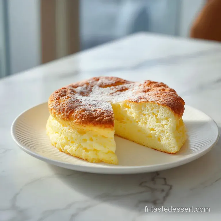 A slice of airy yogurt cake on a white plate, adorned with fresh berries and a dusting of sugar.