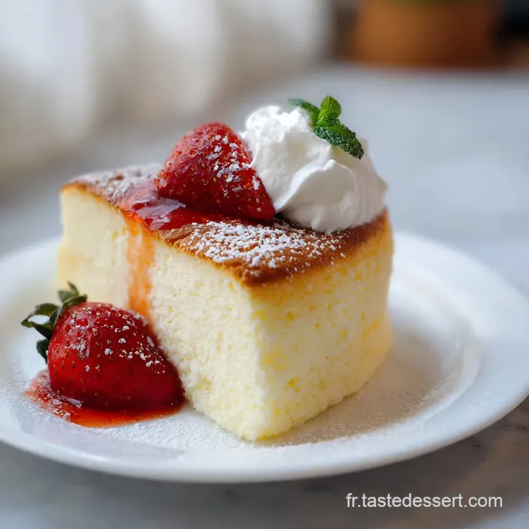 Slice of delicate Japanese cloud cake on a white plate, topped with fresh raspberries. A fork rests nearby, ready to enjoy.