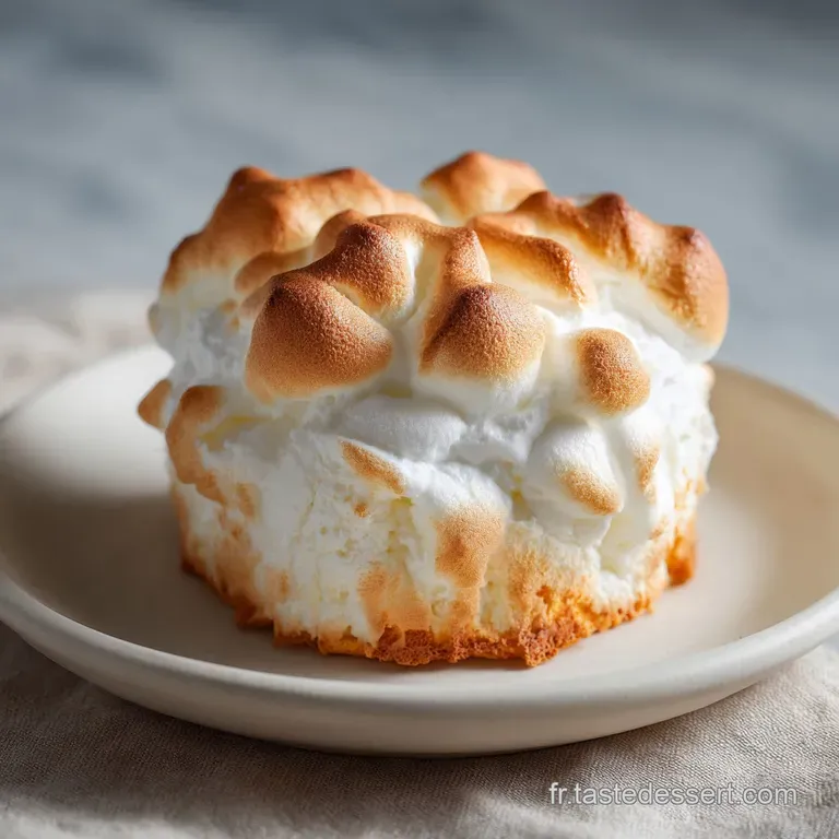 Slice of fluffy cloud cake dusted with powdered sugar, elegantly plated. Soft, inviting textures with a subtle sweetness.