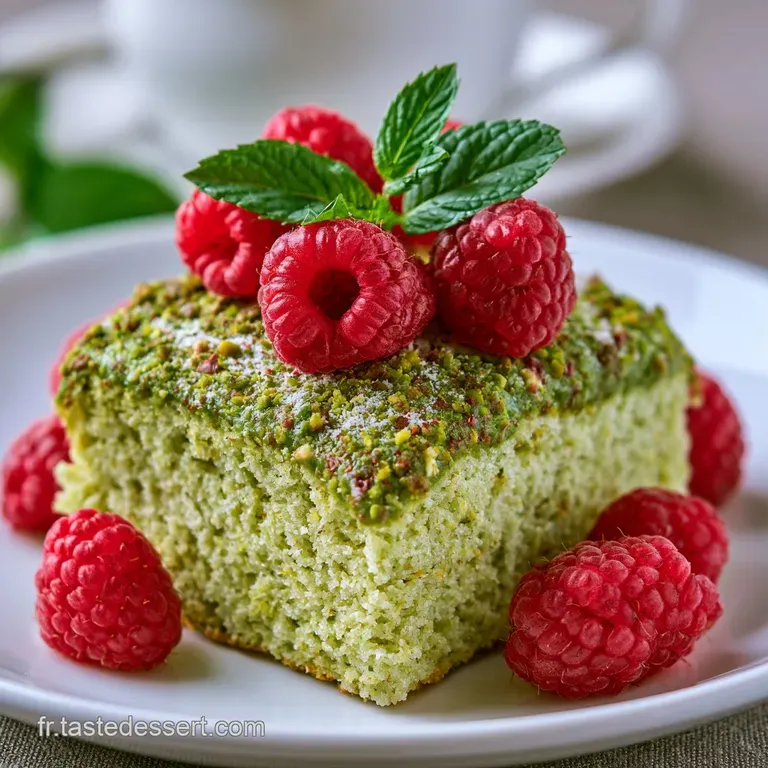 Tranche de biscuit vert p&acirc;le sur assiette blanche, agr&eacute;ment&eacute;e de framboises fra&icirc;ches et d'un nappage blanc soyeux.