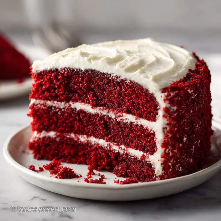 A slice of vibrant red velvet cake on a white plate, topped with a creamy swirl. Elegant, delicate crumb visible; hints of...