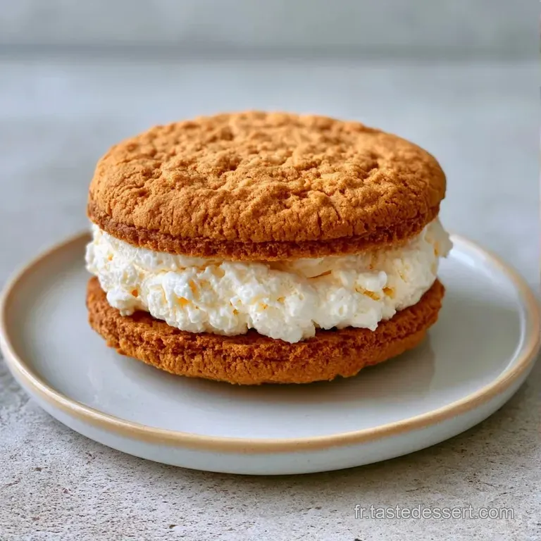 Tranche de dessert beige pos&eacute;e sur une assiette blanche, entour&eacute;e de quelques baies rouges et d'une sauce brillante.
