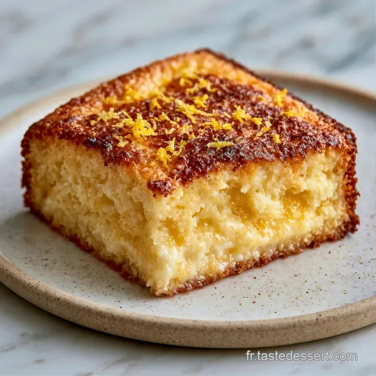 Une part de g&acirc;teau jaune p&acirc;le et a&eacute;r&eacute; sur une assiette blanche, napp&eacute;e d'un gla&ccedil;age blanc brillant et lisse.