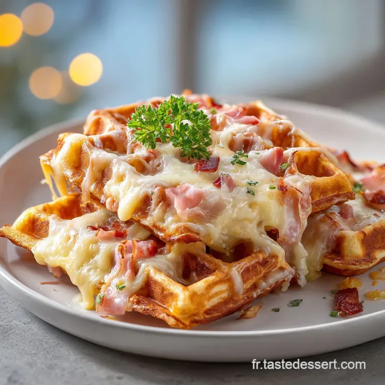 Neatly stacked golden waffles topped with melted gruy&egrave;re and a sprig of fresh parsley on a white ceramic plate.