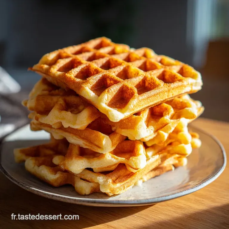 Pile de gaufres moelleuses sur une assiette blanche, surmont&eacute;e de beurre fondant et de baies rouges et bleues fra&icirc;ches.