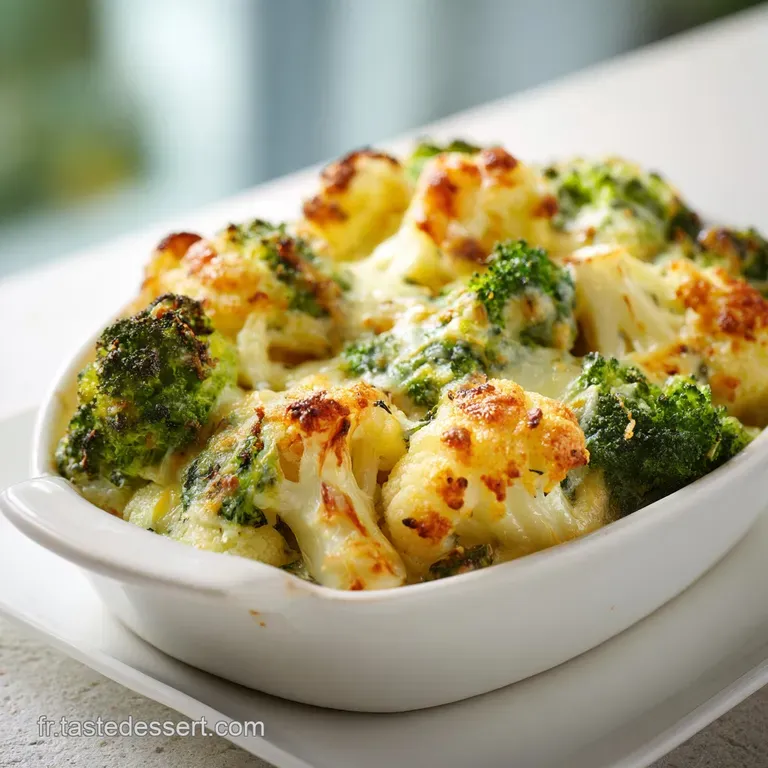 A serving of tender cauliflower and broccoli gratin, topped with a sprinkle of fresh parsley, elegantly plated.