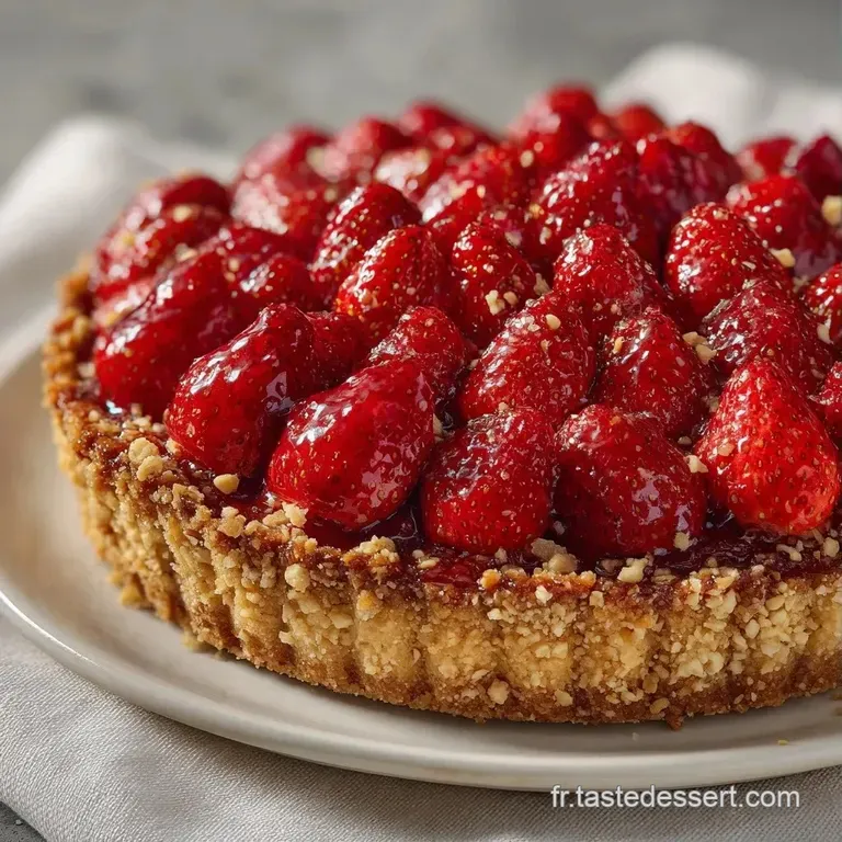 Part de gratin fondante avec des fraises juteuses et des &eacute;clats d'amandes grill&eacute;es, dress&eacute;e avec soin sur une assiette.