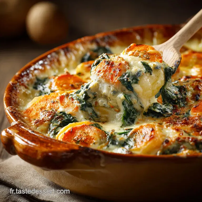 Le Gratin Cr&eacute;meux Patate Douce Roquefort &Eacute;pinards Croquants presentation