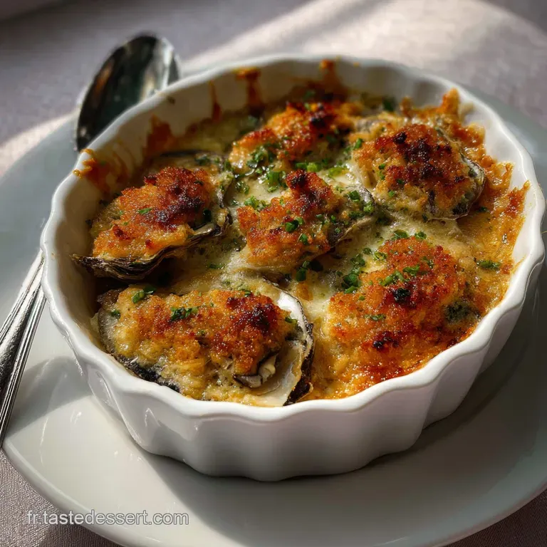 Three baked oyster shells arranged artfully on a white plate. Creamy, bronzed topping with a sprinkle of herbs and a warm,...