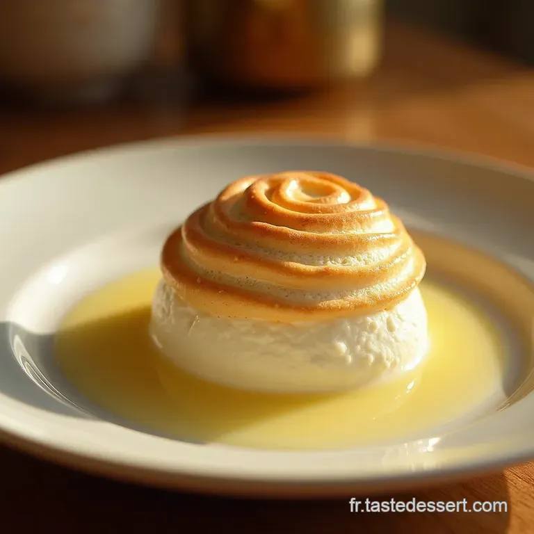 L&icirc;le Flottante Signature Meringues L&eacute;g&egrave;res Sur Un Ruban De Cr&egrave;me Anglaise Vanill&eacute;e presentation