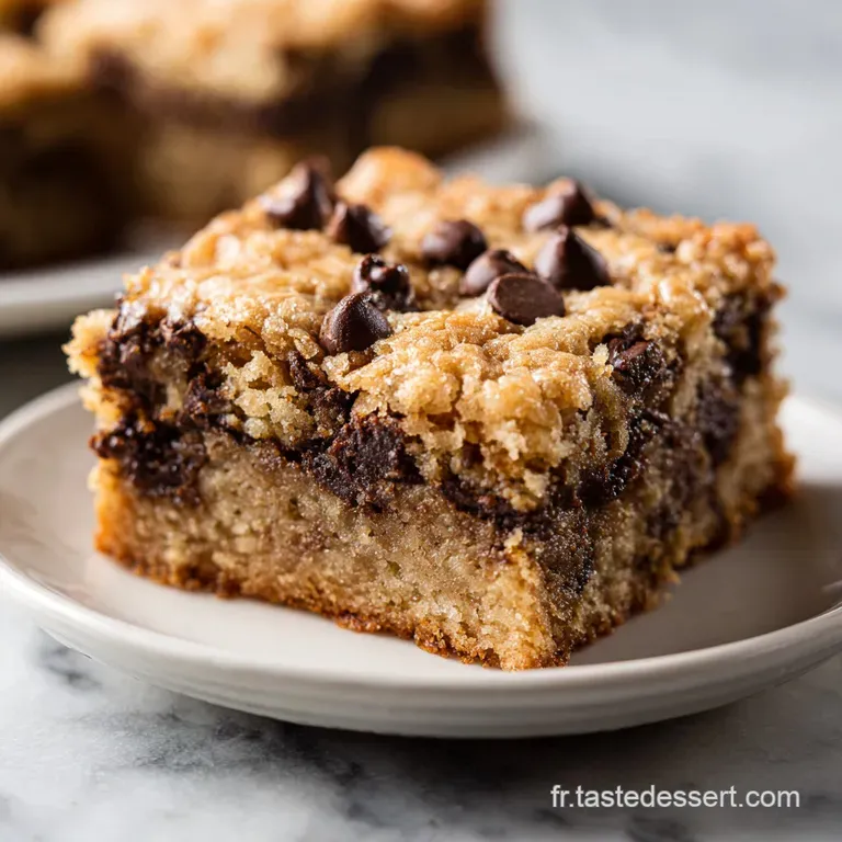 A single blondie square sits atop a white plate, drizzled with caramel. A scoop of vanilla ice cream melts softly beside it.
