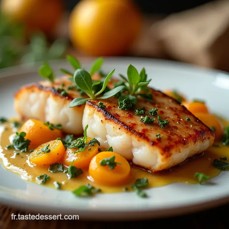 La Symphonie Marine Filets De Poisson Blanc R&ocirc;tis Aux Agrumes Beurre Dail Et Fines Herbes presentation