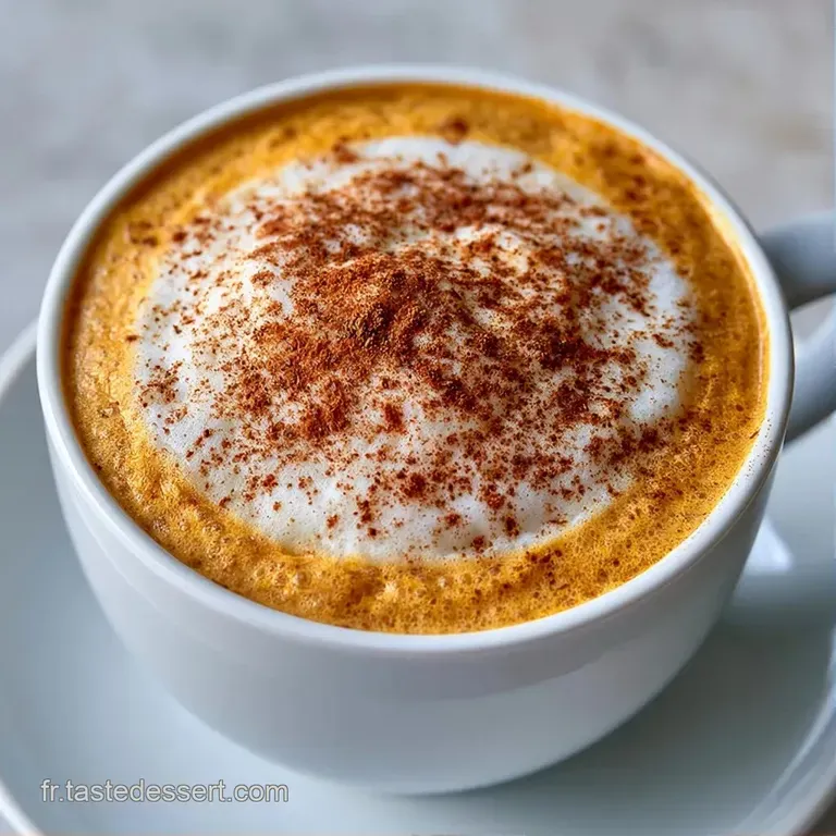Tasse en c&eacute;ramique blanche contenant un liquide onctueux orange, pos&eacute;e sur un bois rustique avec une lueur chaude.