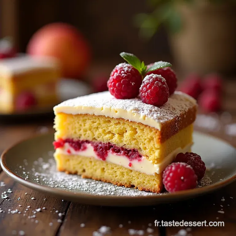 Le Baiser D&eacute;t&eacute; G&acirc;teau Fondant P&ecirc;che Framboise F&egrave;ve Tonka presentation