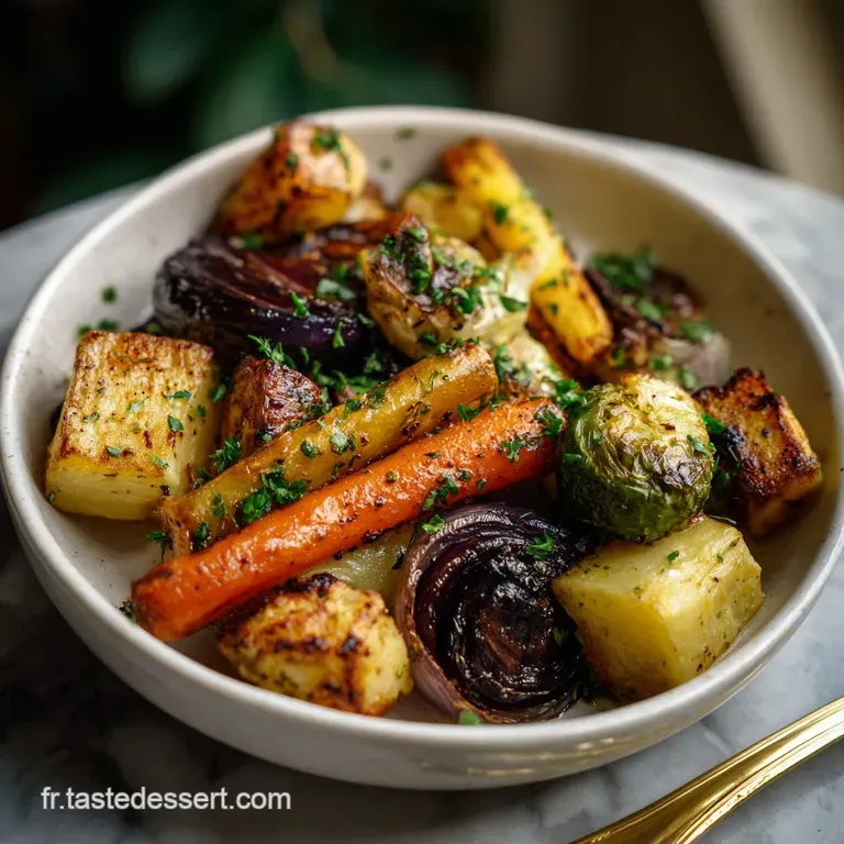 Elegant plate featuring vibrant roasted root vegetables: golden beets, purple potatoes, and sprigs of fresh thyme.
