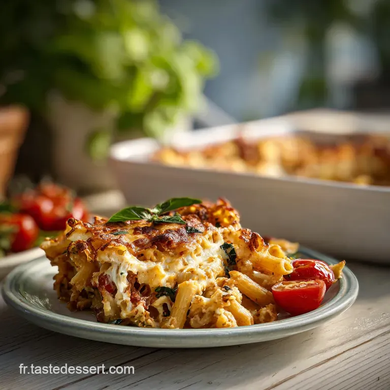 Creamy pasta gratin served in a white dish, b&eacute;chamel sauce glistening, a sprinkle of herbs adds freshness and warmth to th...
