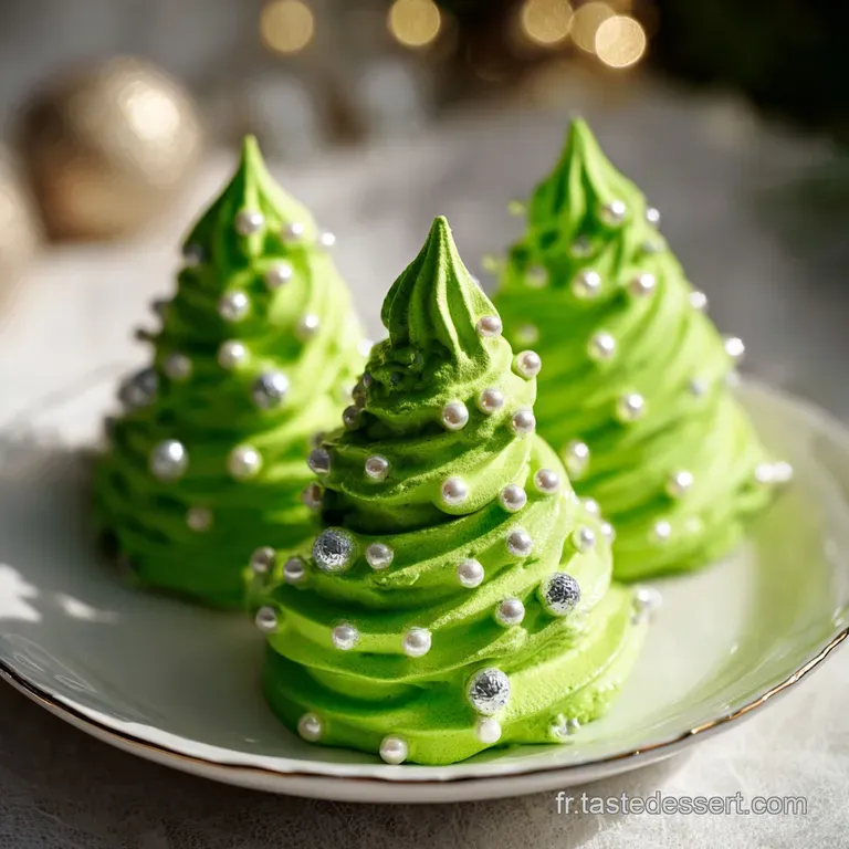 C&ocirc;nes blancs craquel&eacute;s dispos&eacute;s avec soin sur une assiette &eacute;pur&eacute;e, entour&eacute;s de touches de vert frais et de sucre glace.