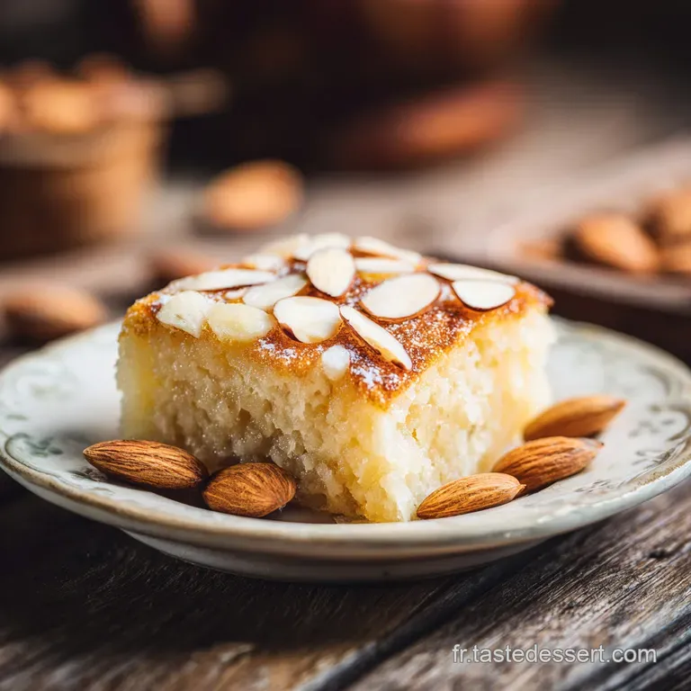 Slice of almond pastry glistening with syrup on a plate, sprinkled with nuts, hints of orange zest, inviting and delicious.