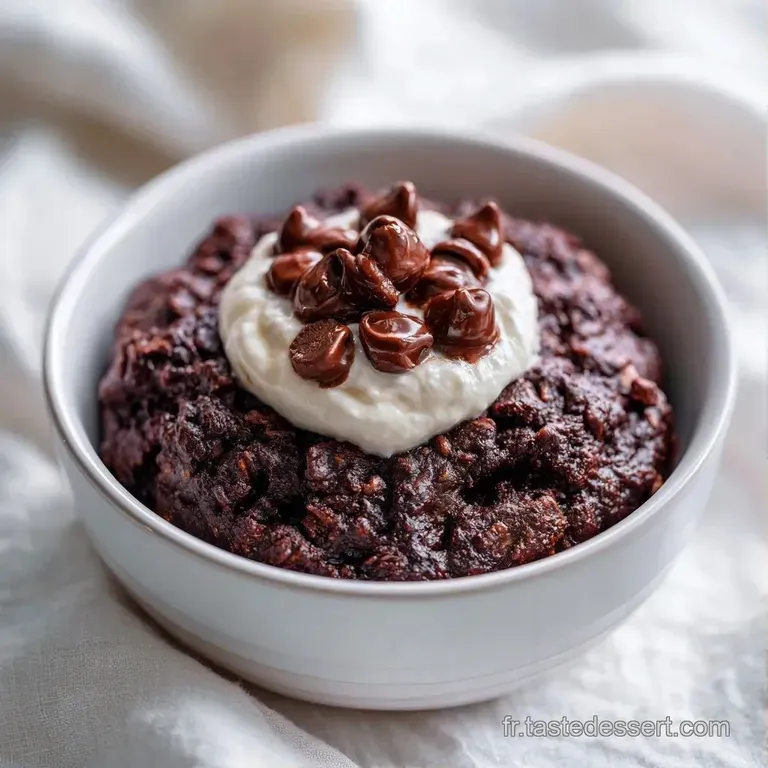 Petit bol blanc contenant un g&acirc;teau a&eacute;r&eacute;, napp&eacute; de chocolat sombre et d&eacute;cor&eacute; de fines tranches de banane m&ucirc;re.