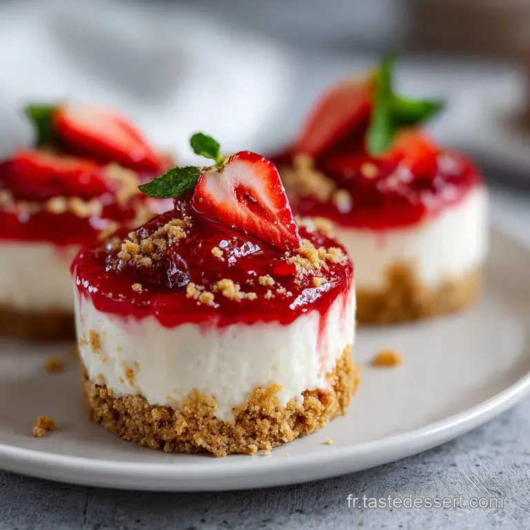 Elegant mini cheesecakes artfully arranged on a white plate with fresh strawberry slices and mint garnish.