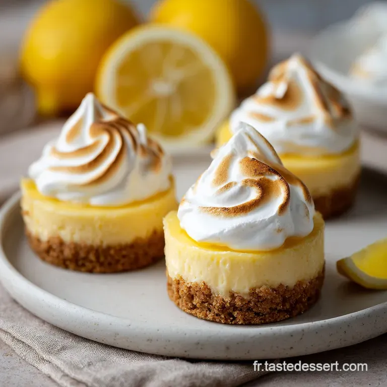 A single mini cheesecake on a white plate, featuring a fluffy meringue topping with golden-brown peaks and a vibrant yello...