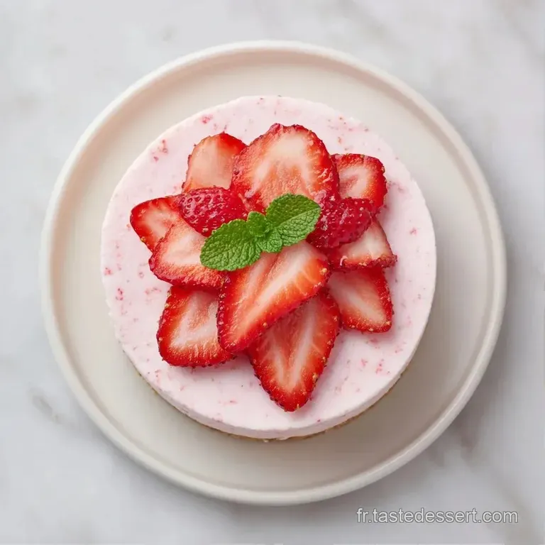Quatre verrines de cr&egrave;me rose pastel dispos&eacute;es sur une table blanche avec des fraises fra&icirc;ches et des baies rouges.
