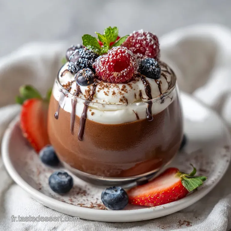 Elegant chocolate mousse quenelle, glistening, atop a dark plate with cocoa dusting. Whipped texture is highlighted by sof...