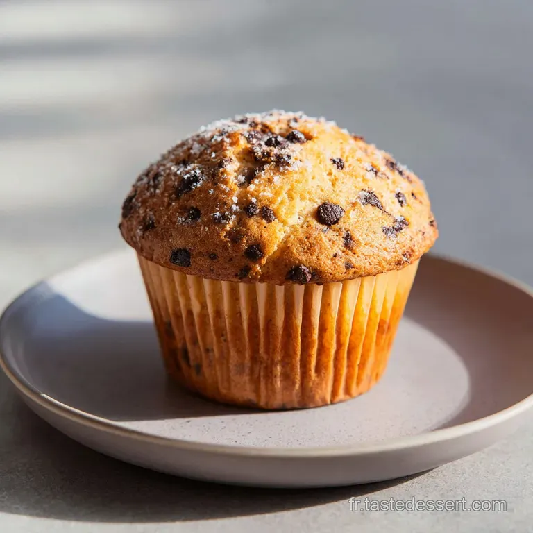 A neat stack of fluffy muffins, each with a slightly domed top, on a white plate with a dusting of cocoa.
