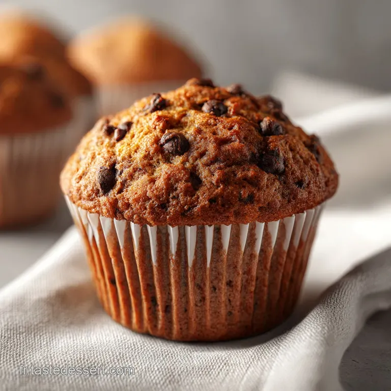 A single moist chocolate chip muffin, split open, reveals a soft, airy interior dotted with melted chocolate pieces.