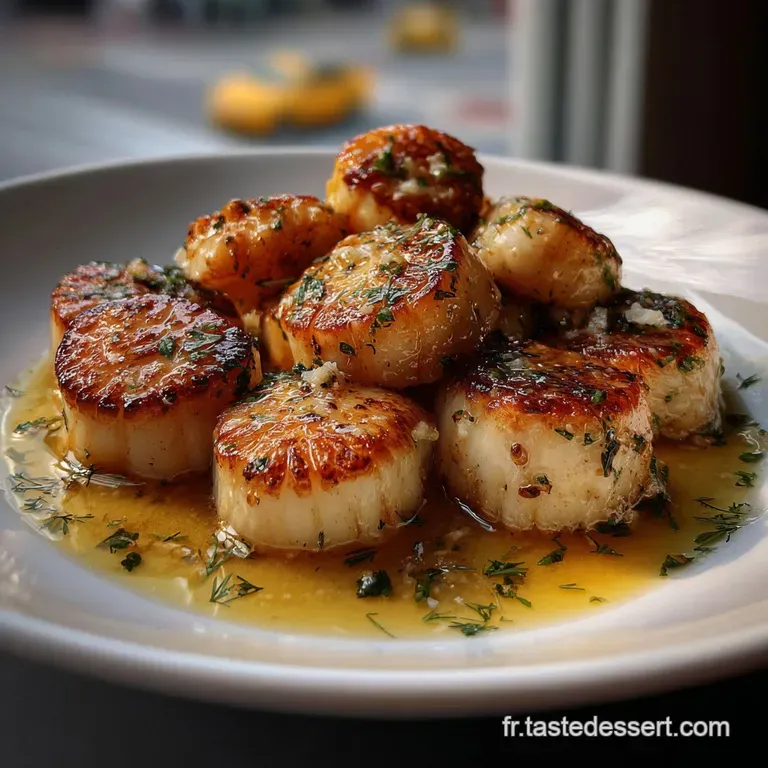 Delicate, amber-colored scallop in a glossy, nacr&eacute; sauce, served on a modern white plate, highlighting the textures, light...