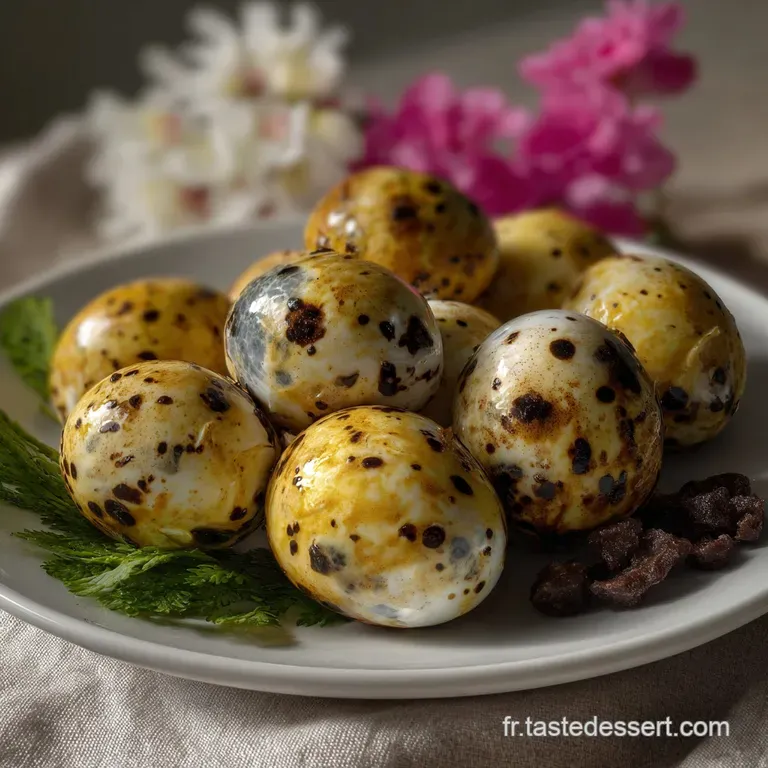 Elegant plate featuring perfectly poached quail eggs, drizzled with a rich sauce, alongside a sprig of fresh, bright green...